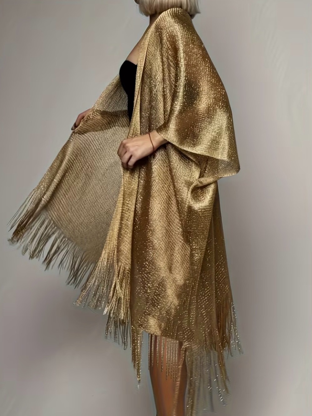 Gold Metallic Fringe Shawl Wrap - Women Accessories New